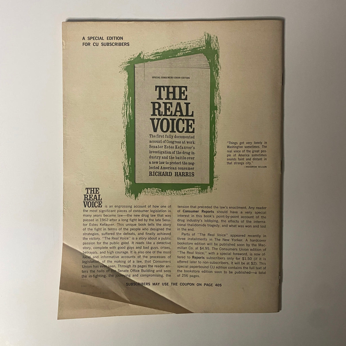 Special edition notice in Consumer Reports Magazine August 1964 titled 'The Real Voice', covering consumer legislation.