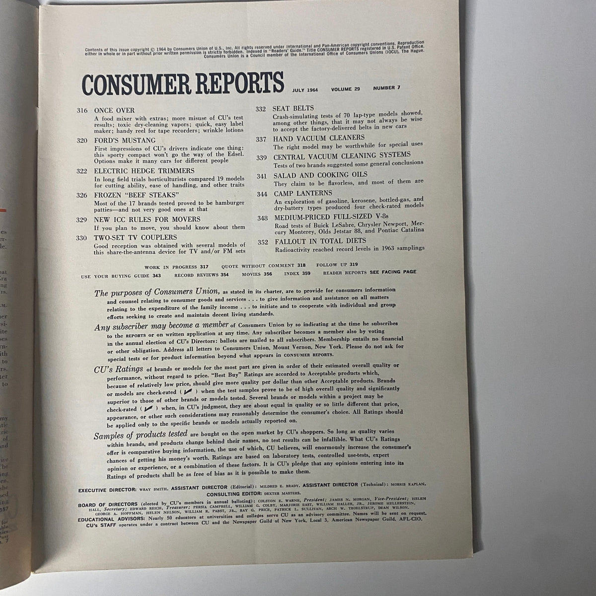 Consumer Reports Magazine July 1964 Seat Belts for New and Old Car No Label