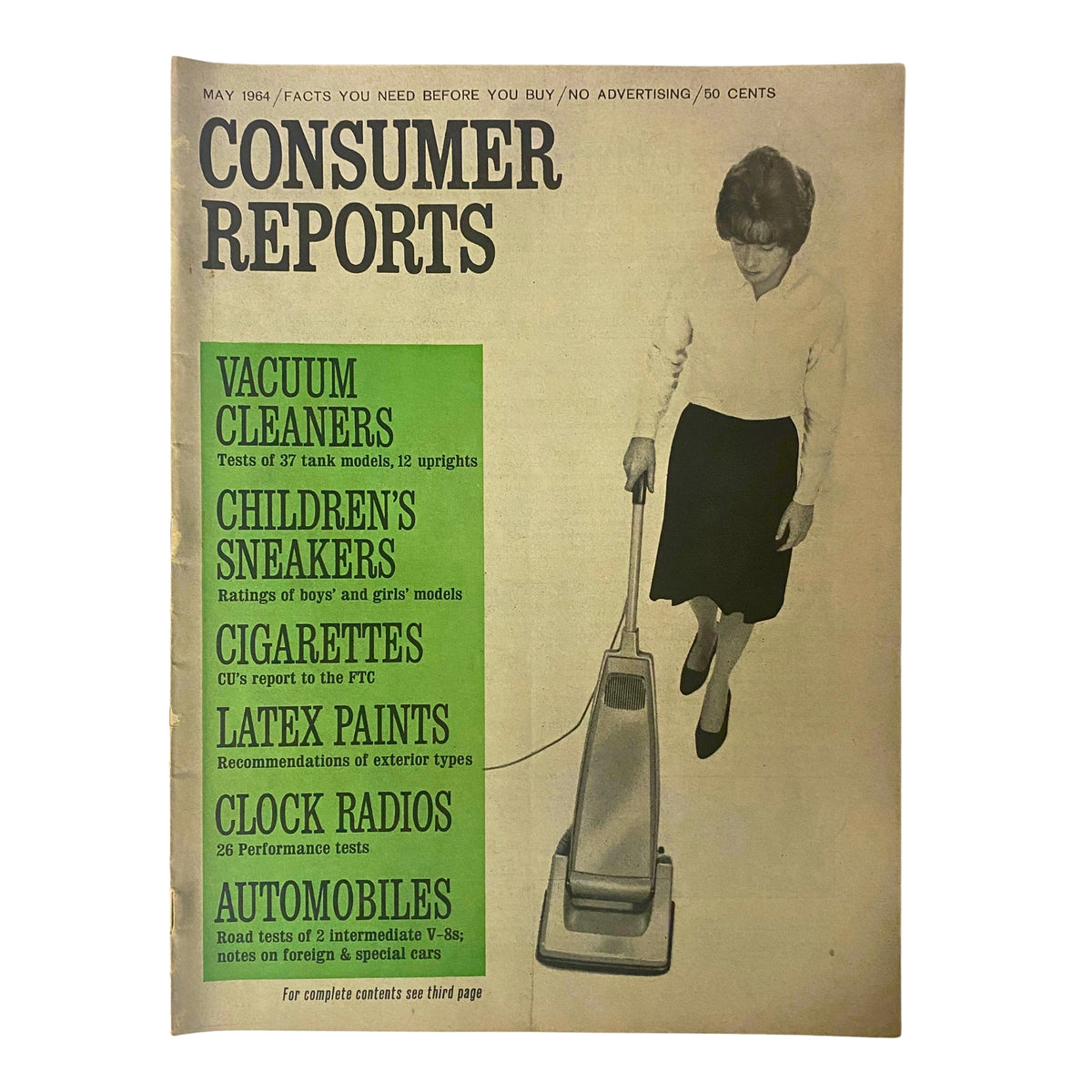 Cover of Consumer Reports May 1964, featuring vacuum cleaners, children's sneakers, and more, highlighting tests of 37 tank models and 12 upright vacuum cleaners.