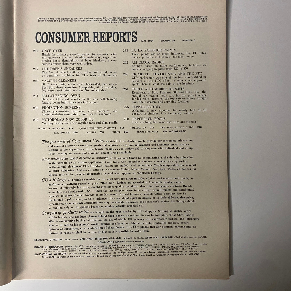 Table of contents from Consumer Reports May 1964, detailing various product tests and evaluations featured in the magazine issue.