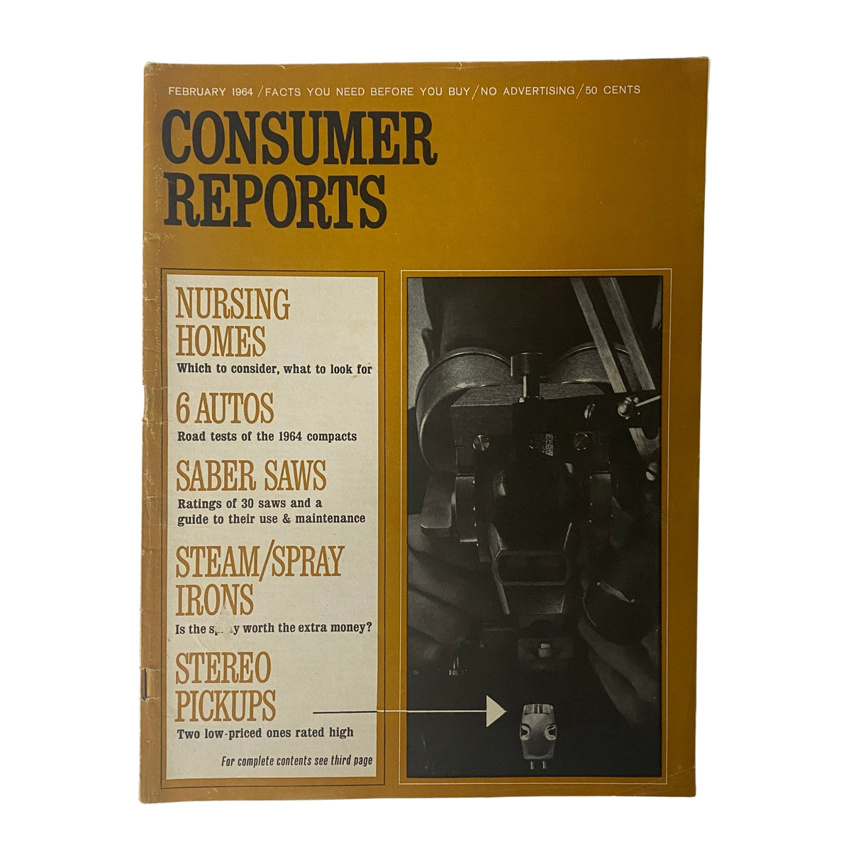Cover of Consumer Reports Magazine February 1964 featuring articles on Nursing Homes, Autos, Saber Saws, Steam/Spray Irons, and Stereo Pickups.