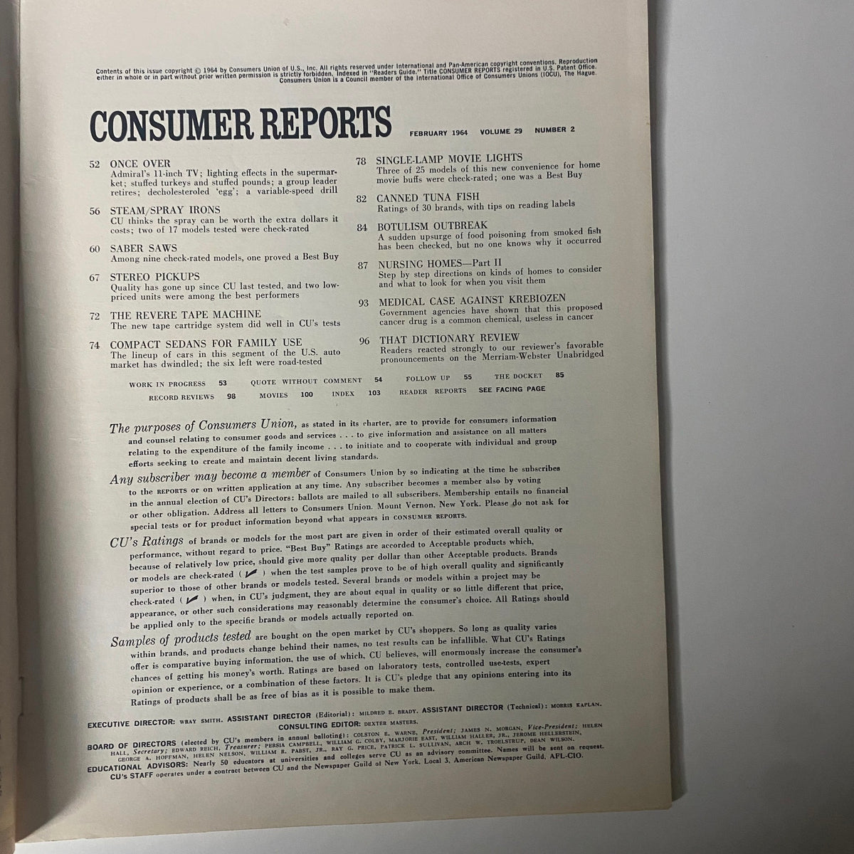Table of contents page from Consumer Reports Magazine February 1964 detailing featured articles including nursing homes and product reviews.