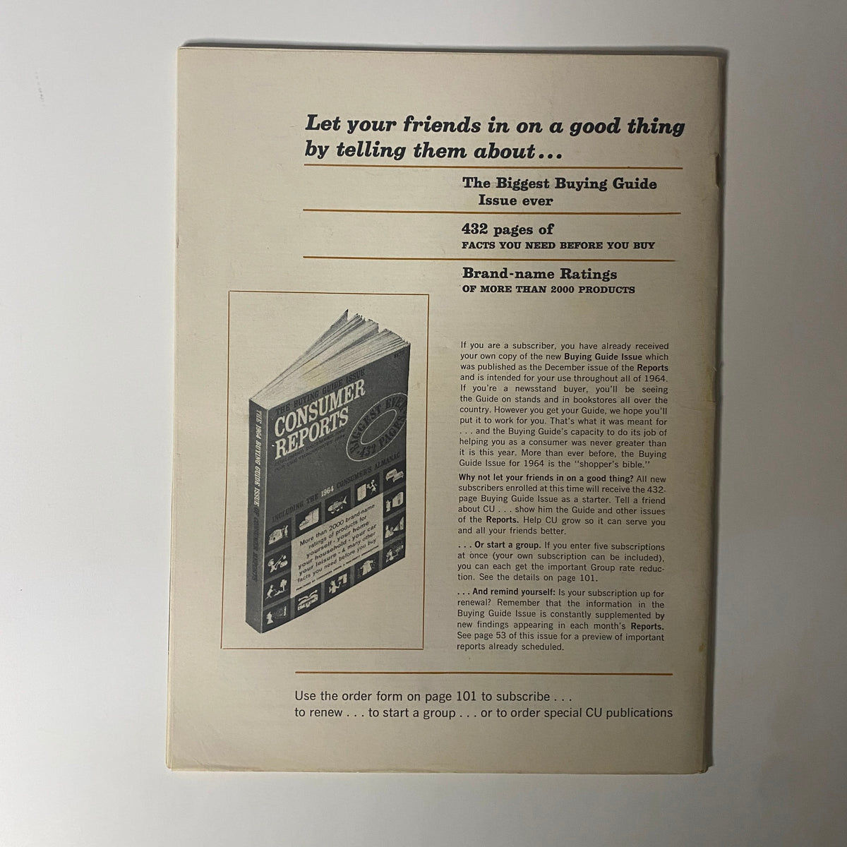 Back cover of Consumer Reports Magazine February 1964 promoting upcoming issues and subscription details related to consumer products.