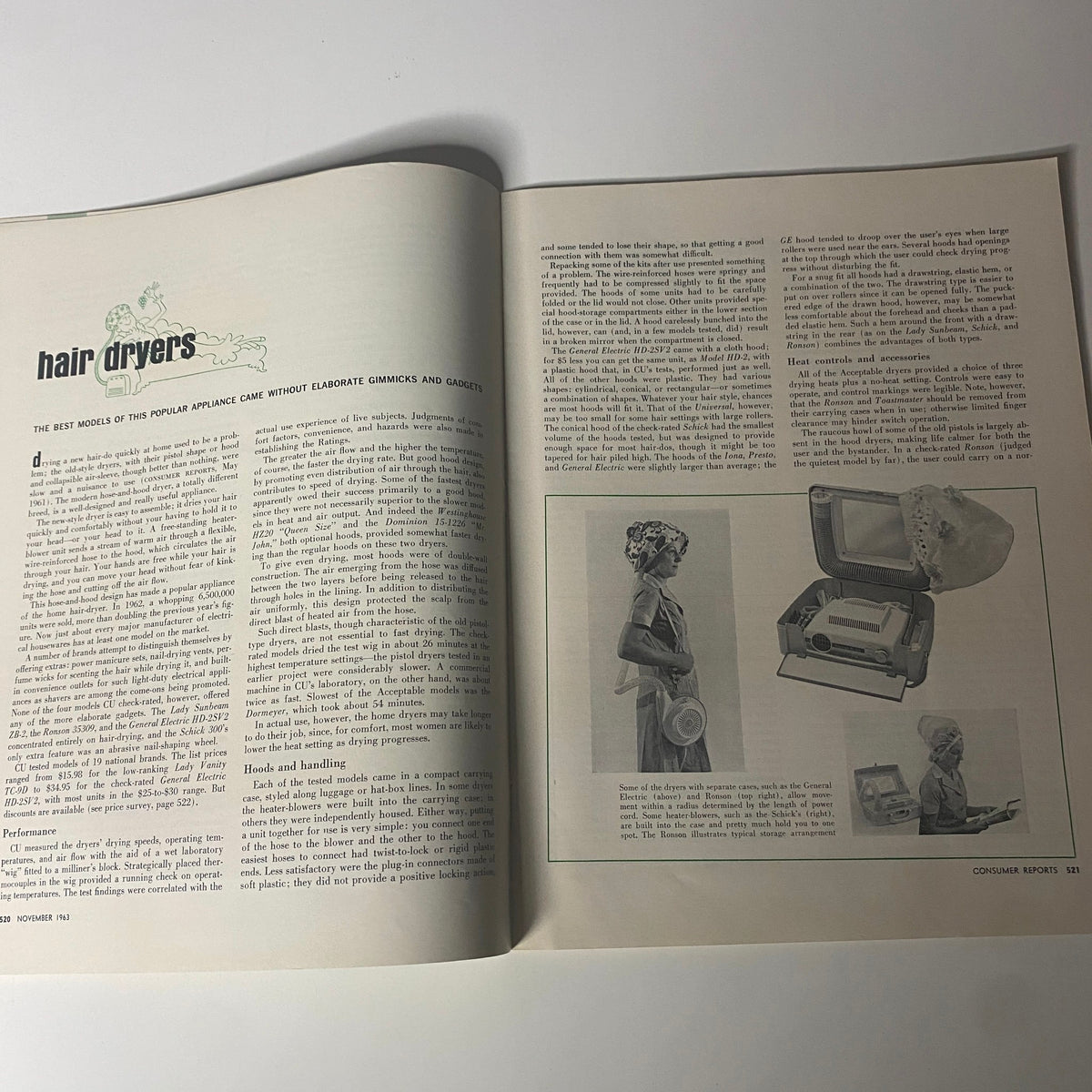 Article on hair dryers from the Consumer Reports Magazine November 1963 Christmas Buying Issue, including detailed reviews and product images.