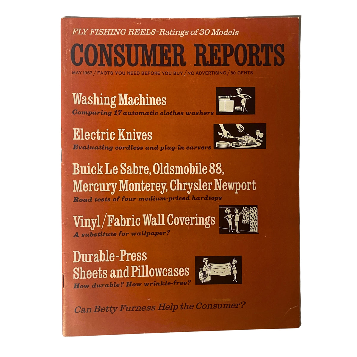 Cover of Consumer Reports Magazine May 1967 featuring fly fishing reels ratings and product comparisons including washing machines and electric knives.