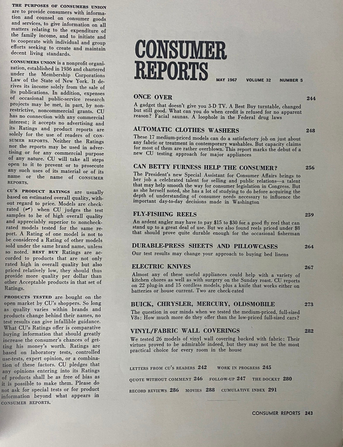 Inside page of Consumer Reports Magazine May 1967 detailing fly fishing reels ratings and product evaluations including automatic clothes washers.