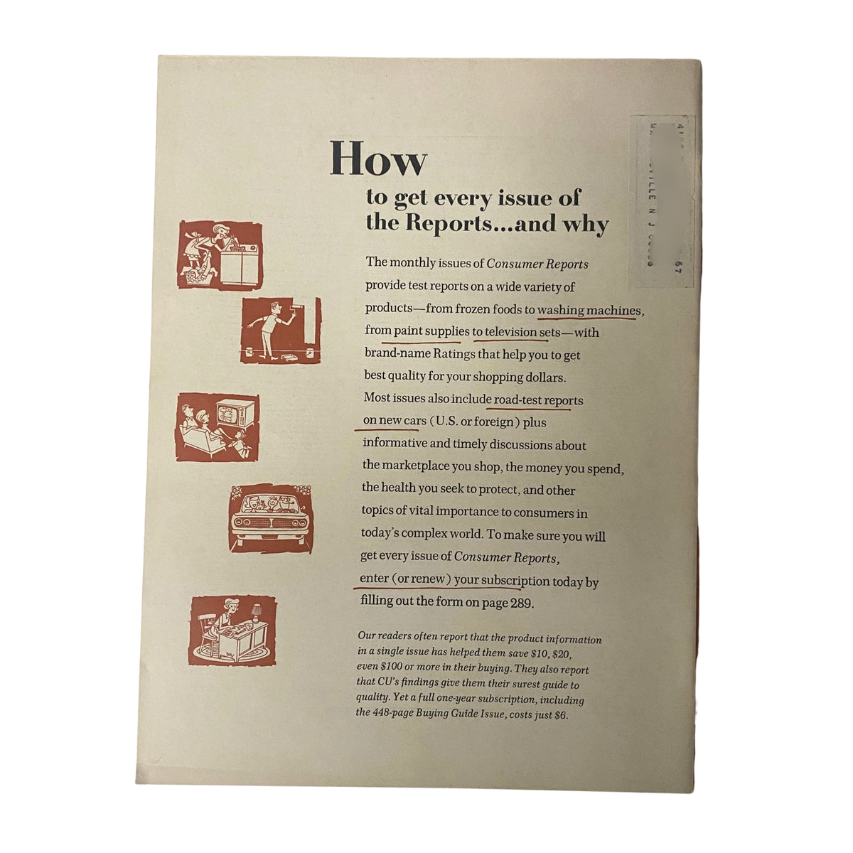 Back cover of Consumer Reports Magazine May 1967, explaining how to subscribe and the wide range of product test reports available to readers.