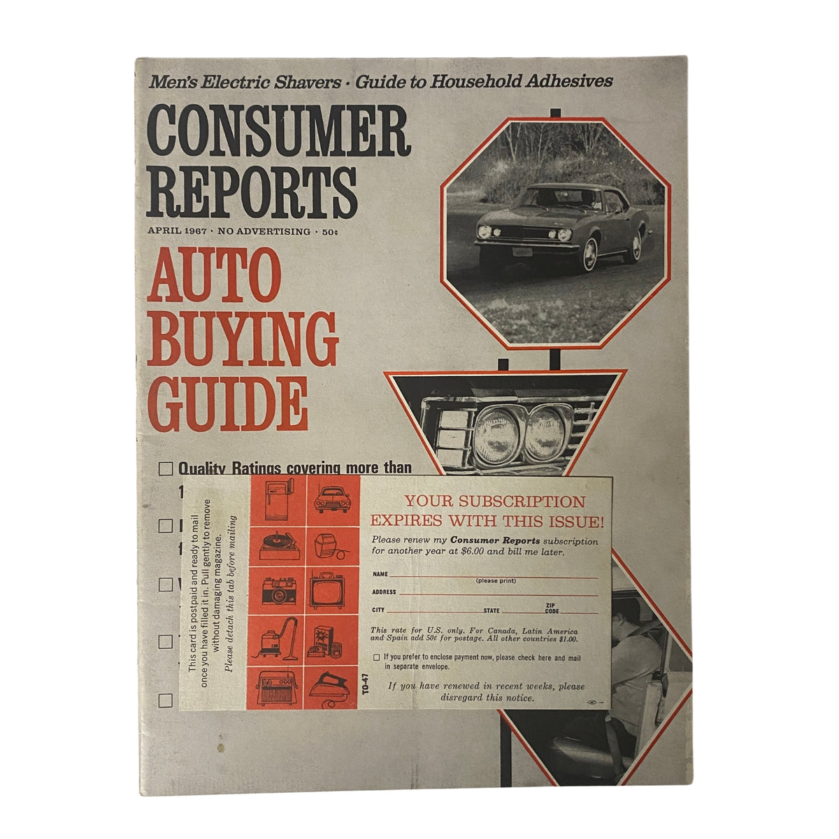 Cover of Consumer Reports Magazine April 1967 Auto Buying Guide, featuring automotive images and bold title about auto purchases.