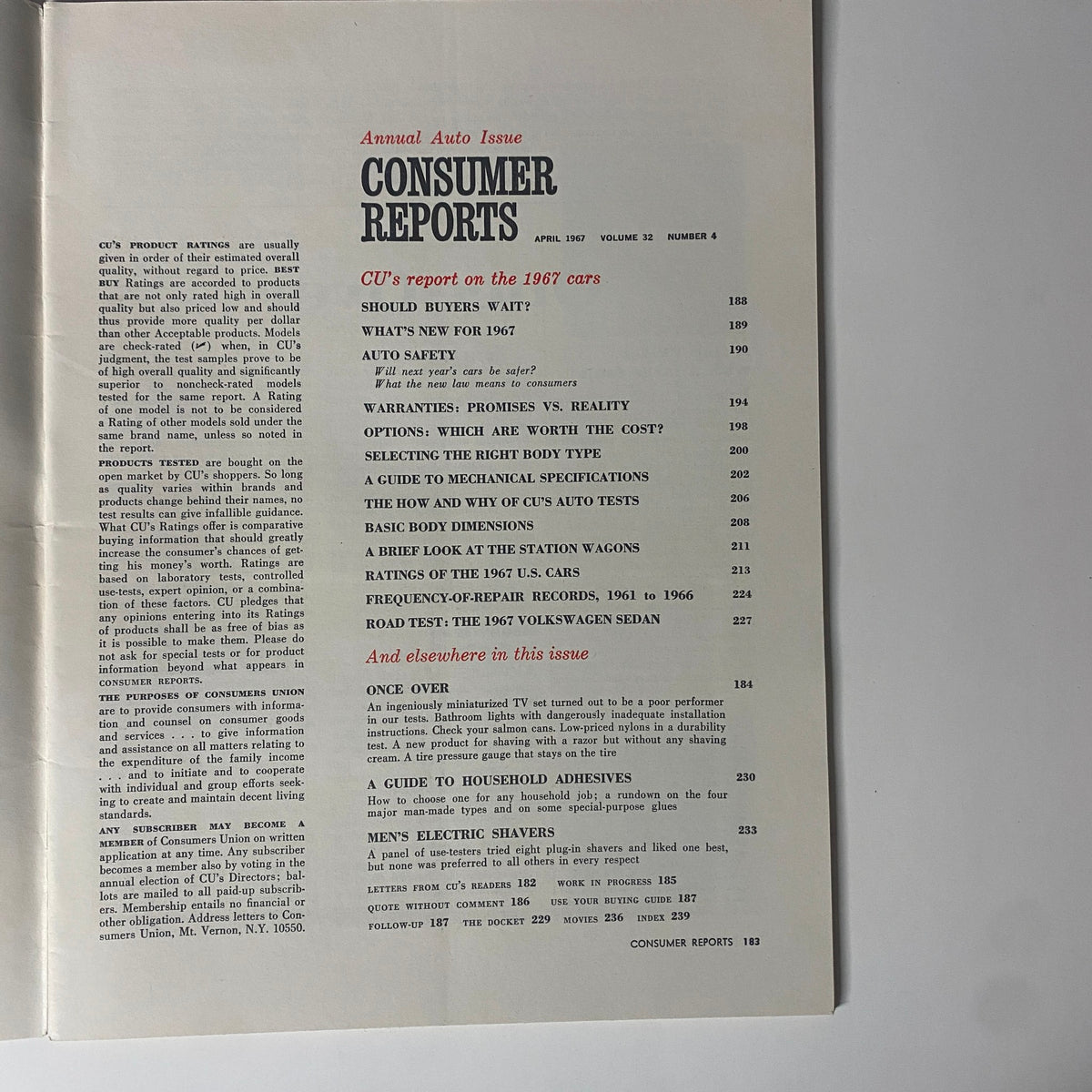 Inside page of Consumer Reports Magazine April 1967 Auto Buying Guide, showcasing the table of contents and articles related to auto safety and ratings.