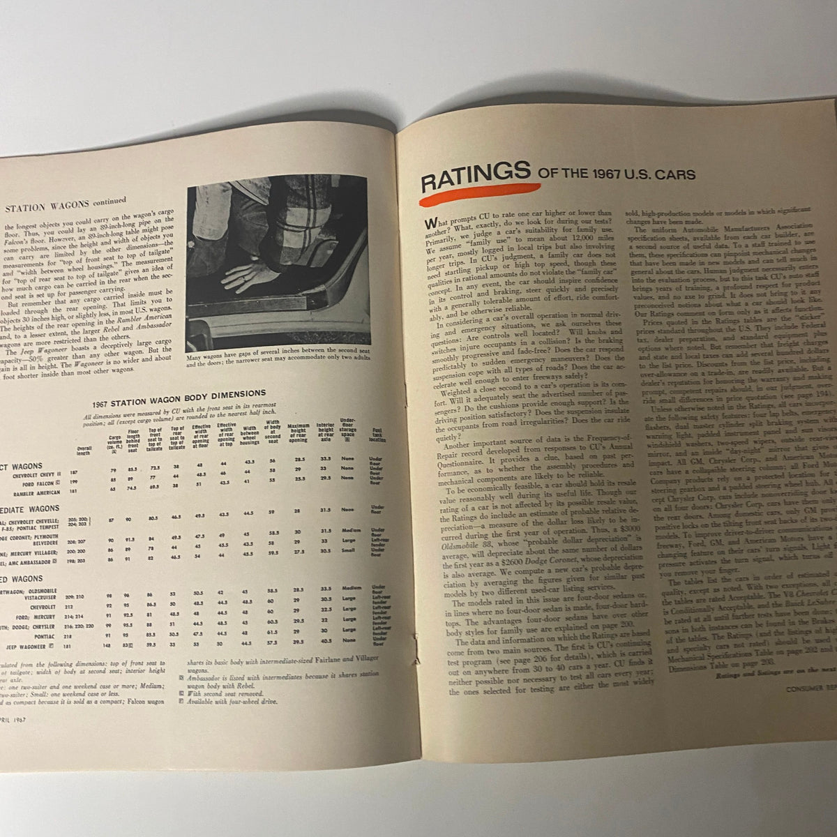 Inside page of Consumer Reports Magazine April 1967 showing the ratings of the 1967 U.S. cars including tables and a photo related to station wagons.