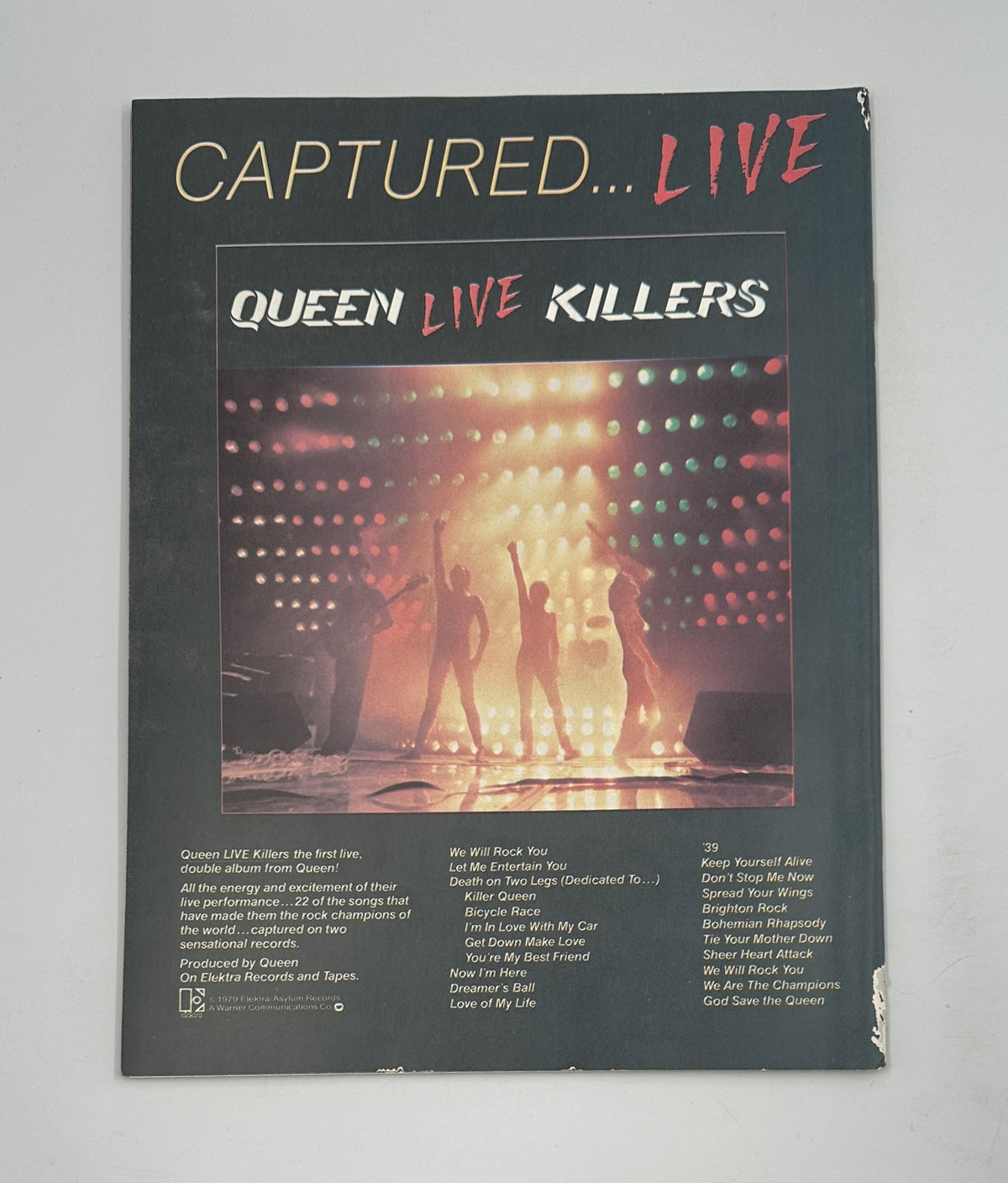 Back cover of Hit Parader Magazine November 1979 featuring an advertisement for Queen's 'Live Killers' album.