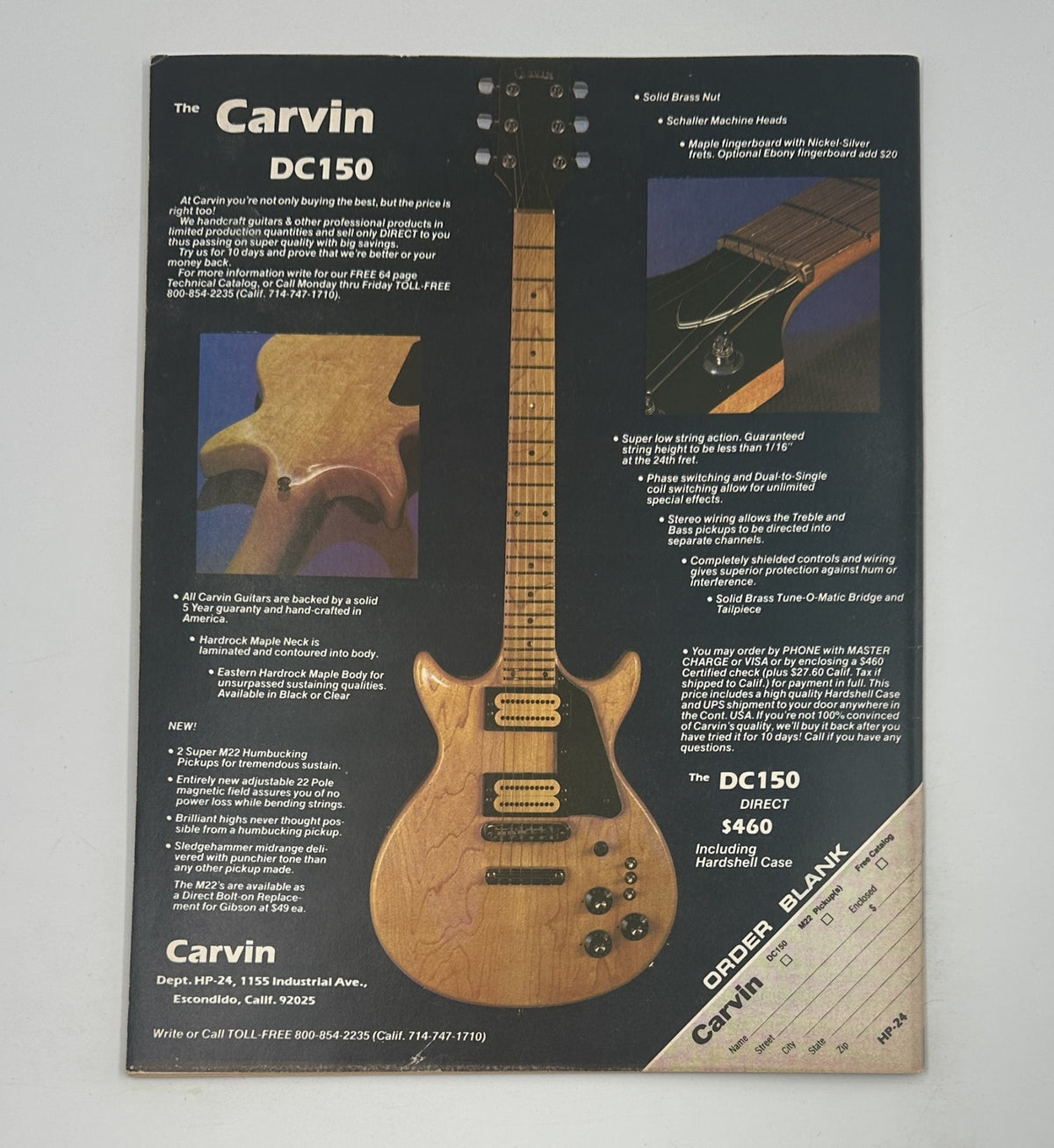 Back cover of Hit Parader Magazine February 1980, advertising the Carvin DC150 guitar with detailed specifications, reflecting the magazine's focus on rock music.