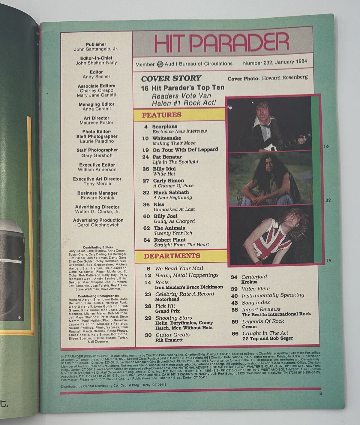 Inside page of Hit Parader Magazine January 1984 displaying the Table of Contents with features on Van Halen, Scorpions, and more, showcasing notable rock artists.