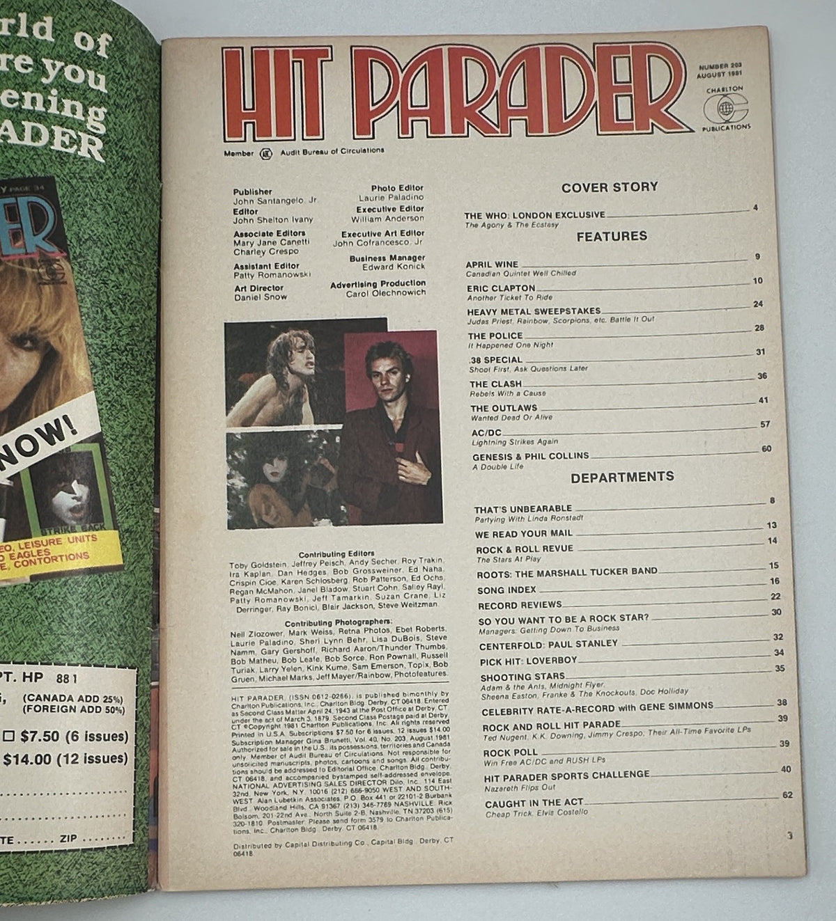 Inside page of Hit Parader Magazine, August 1981, displaying the table of contents that includes features on The Who, Eric Clapton, and more.