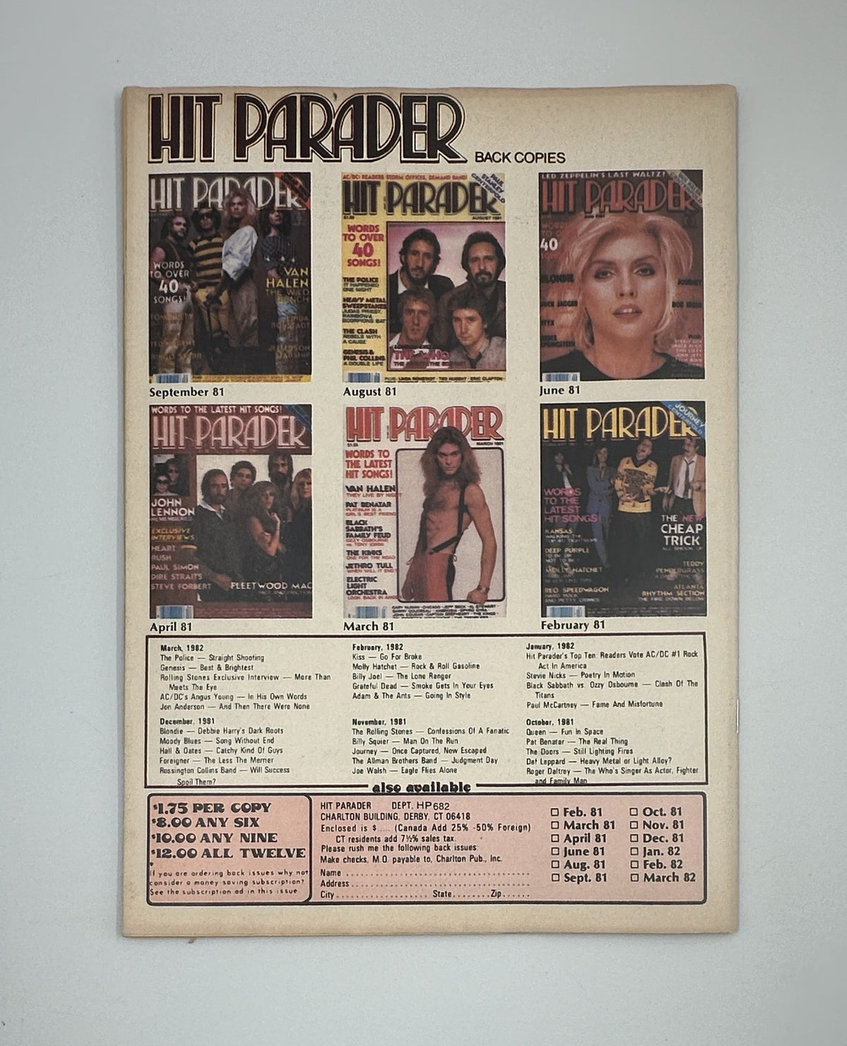 Back cover of Hit Parader Magazine June 1982, displaying previous issues available for purchase and their covers.