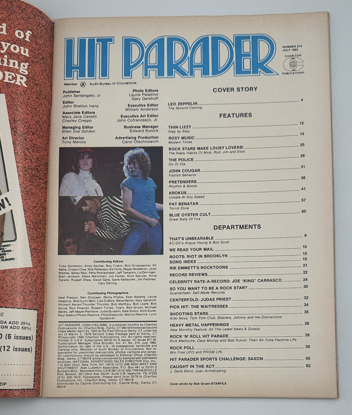 Inside spread of Hit Parader Magazine July 1982 displaying the Table of Contents, highlighting features on Thin Lizzy, Roxy Music, and more.