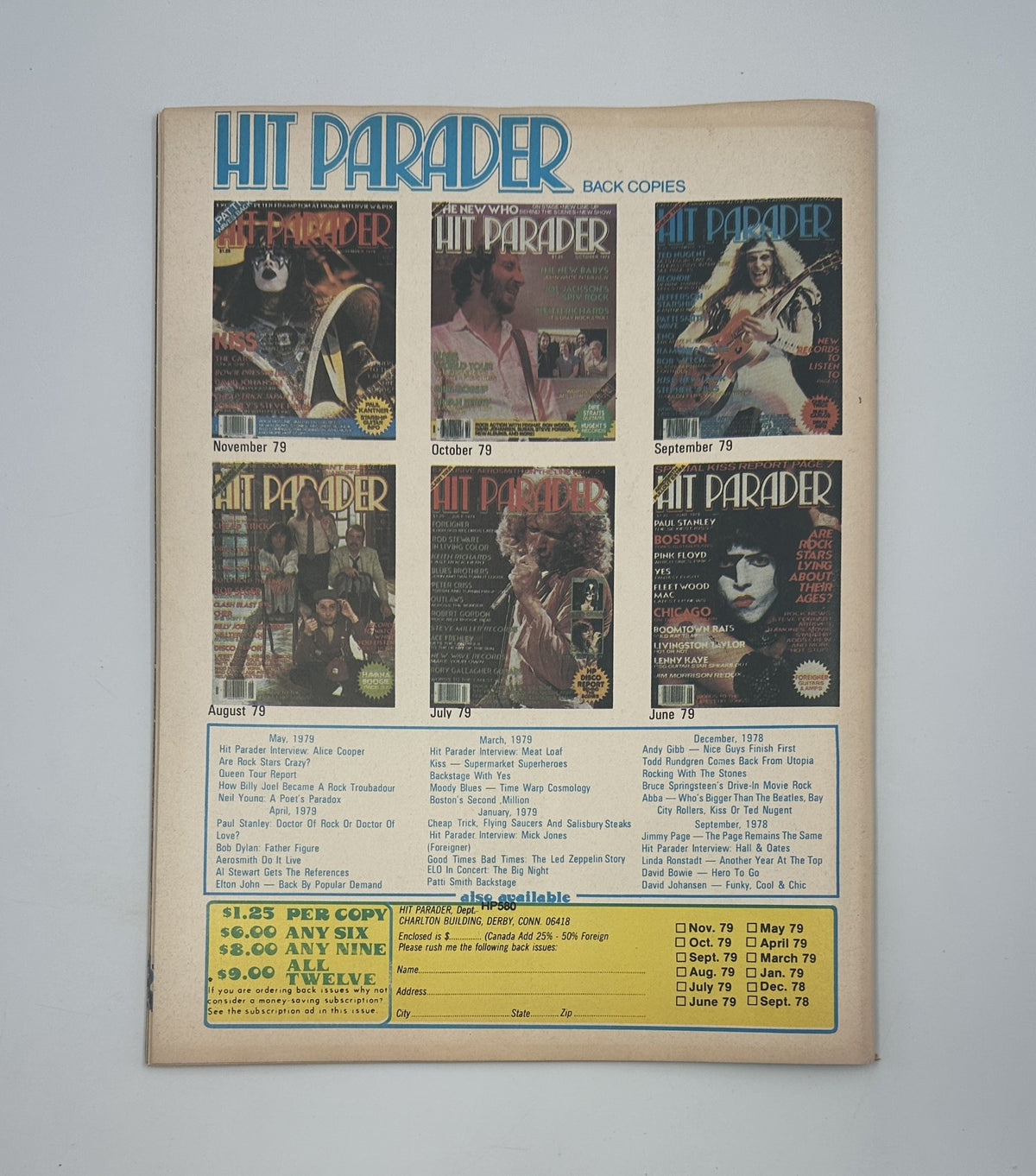 Hit Parader Magazine May 1980 back cover displaying a collage of past magazine issues with publication details and cover images from other months.