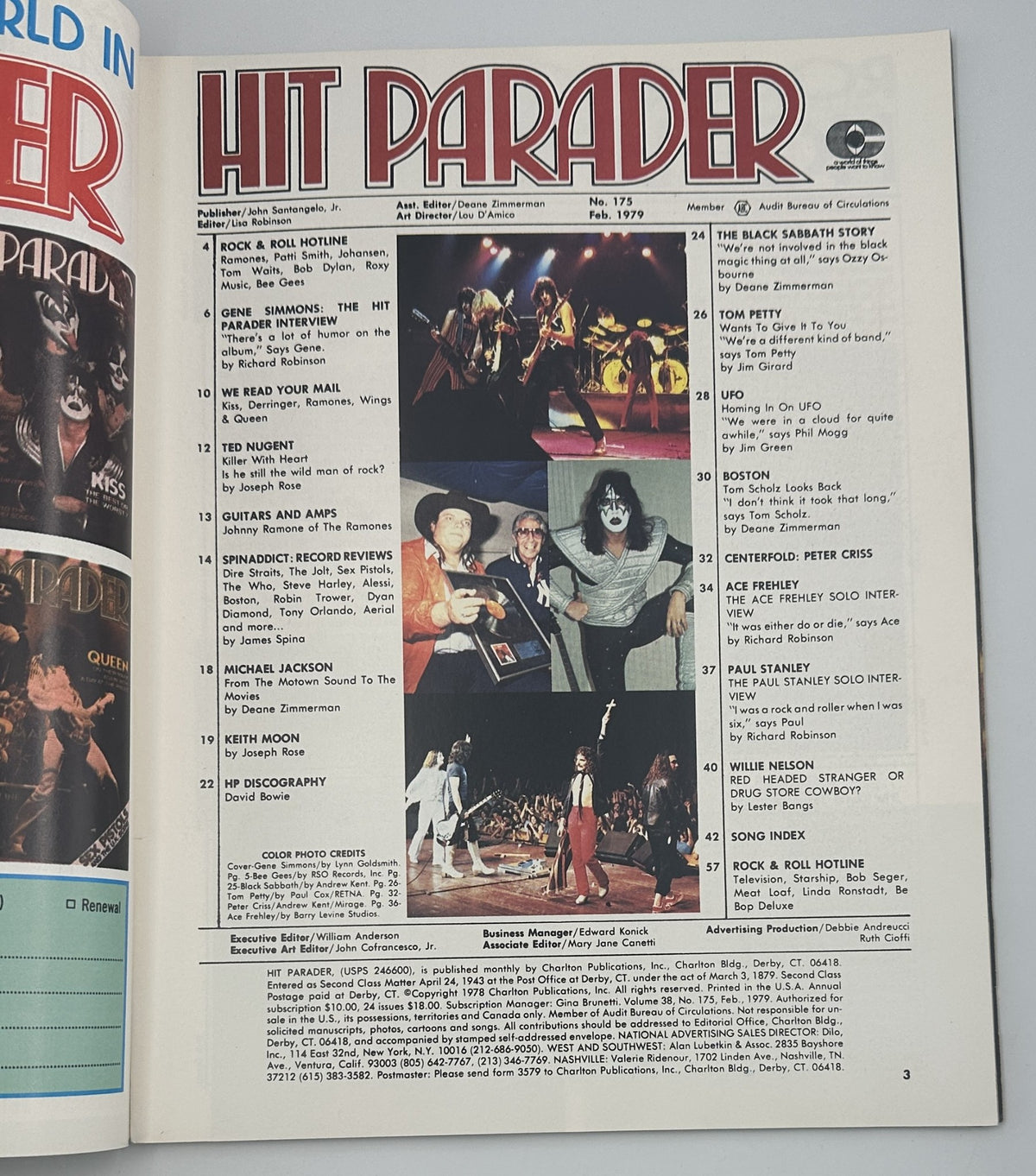 Inside page of Hit Parader Magazine February 1979 displaying the Table of Contents. The page features articles about Ted Nugent, Michael Jackson, and other rock legends, with images of live performances.