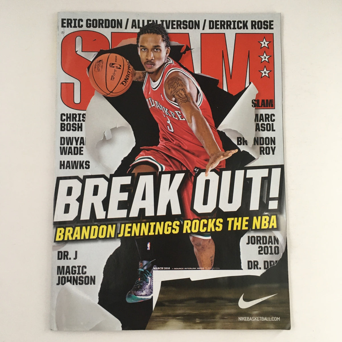 Slam Magazine March 2010 #135 featuring Brandon Jennings on the cover, showcasing the Milwaukee Bucks star in action, with the headline 'Break Out!' emphasizing his impact on the NBA.