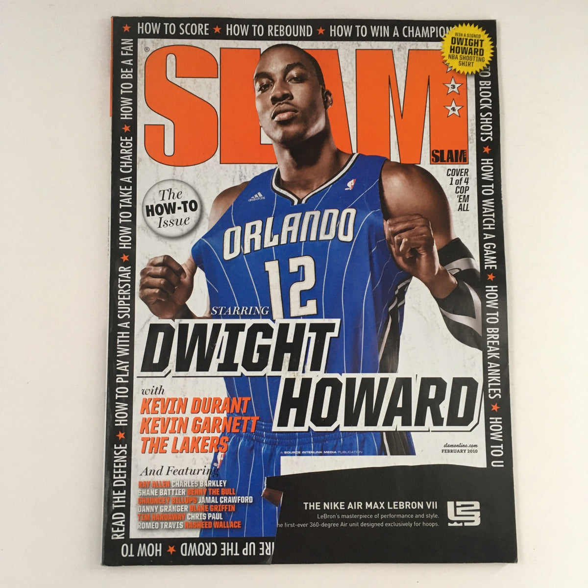 Slam Magazine February 2010 issue #134 featuring Dwight Howard on the cover, highlighting key NBA players including Kevin Durant and Kevin Garnett.