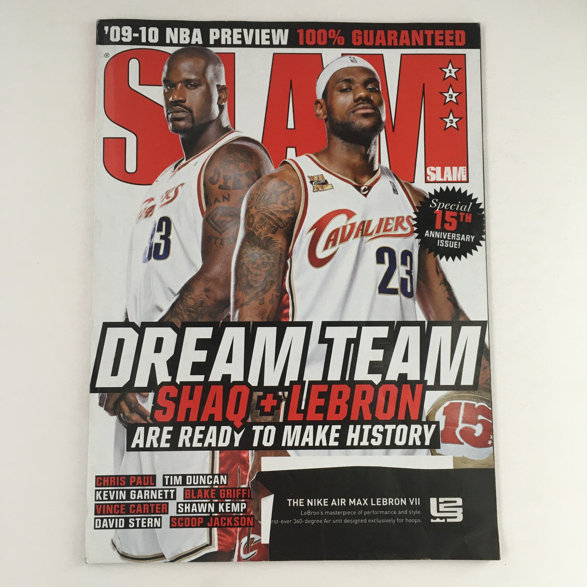 Cover of Slam Magazine 2009 Vol 16 #10 featuring Shaquille O'Neal and LeBron James, highlighting the 'Dream Team' theme and celebrating their impact on basketball history.