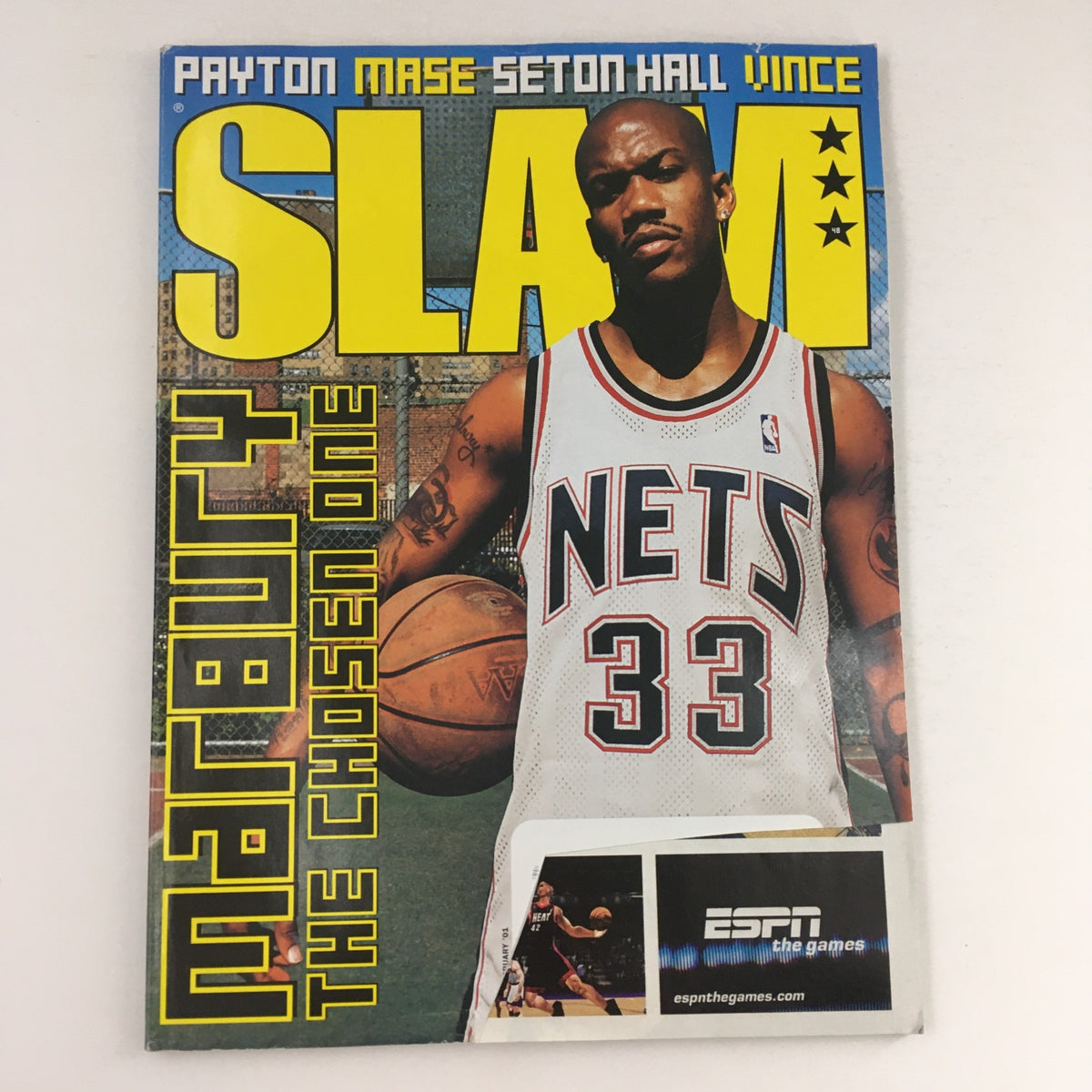 Cover of Slam Magazine February 2001 featuring NBA Brooklyn Nets' Stephon Marbury, showcasing the headline 'MARBURY THE CHOSEN ONE' and his jersey number 33.