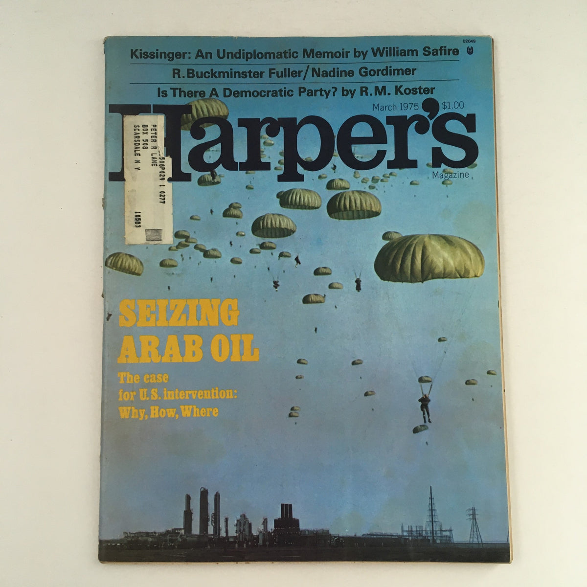 Cover of Harper's Magazine from March 1975 featuring articles by Henry A. Kissinger, R. Buckminster Fuller, and Nadine Gordimer, depicting parachutes and an industrial landscape.