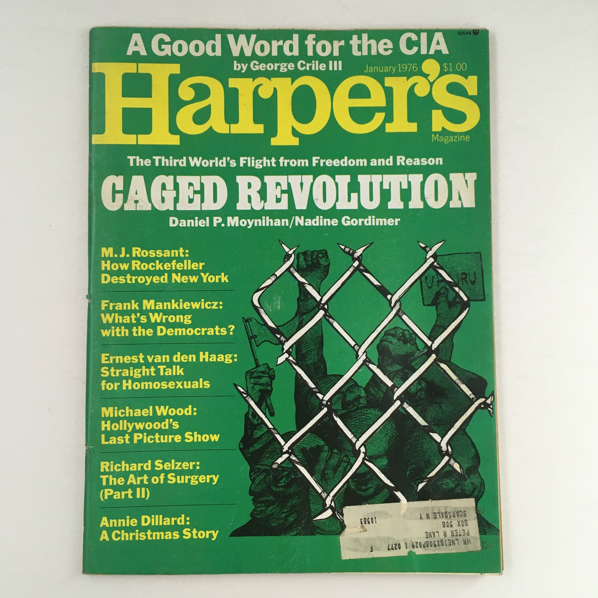 January 1976 issue of Harper's Magazine featuring articles by Frank Mankiewicz and Ernest van den Haag, with a cover illustration titled 'Caged Revolution', highlighting significant cultural and political themes of the 1970s.