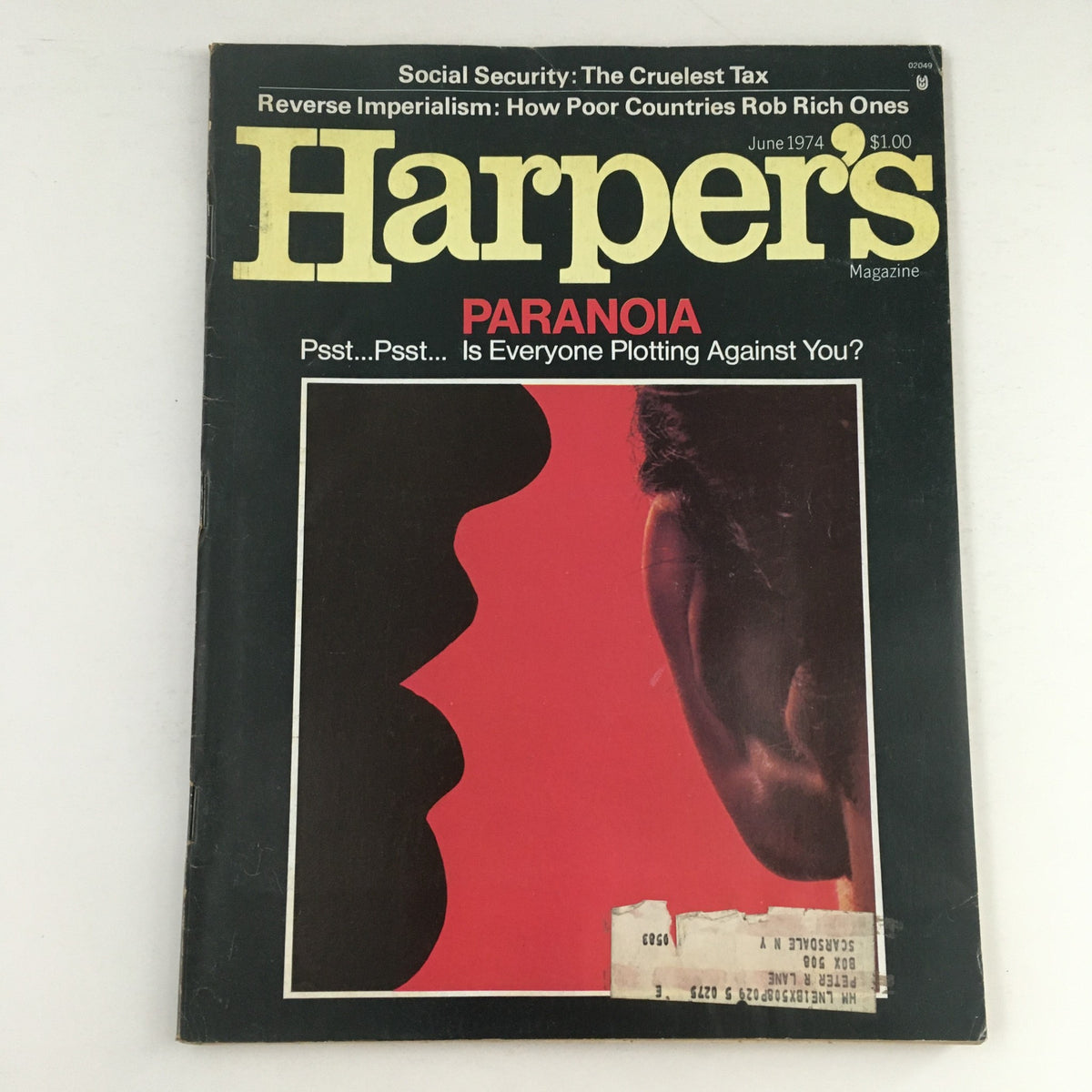 Cover of Harper's Magazine from June 1974 featuring articles on 'Social Security: The Cruelest Tax' and 'Paranoia'. The artwork showcases contrasting silhouettes against a vibrant background, capturing the essence of 1970s social commentary.