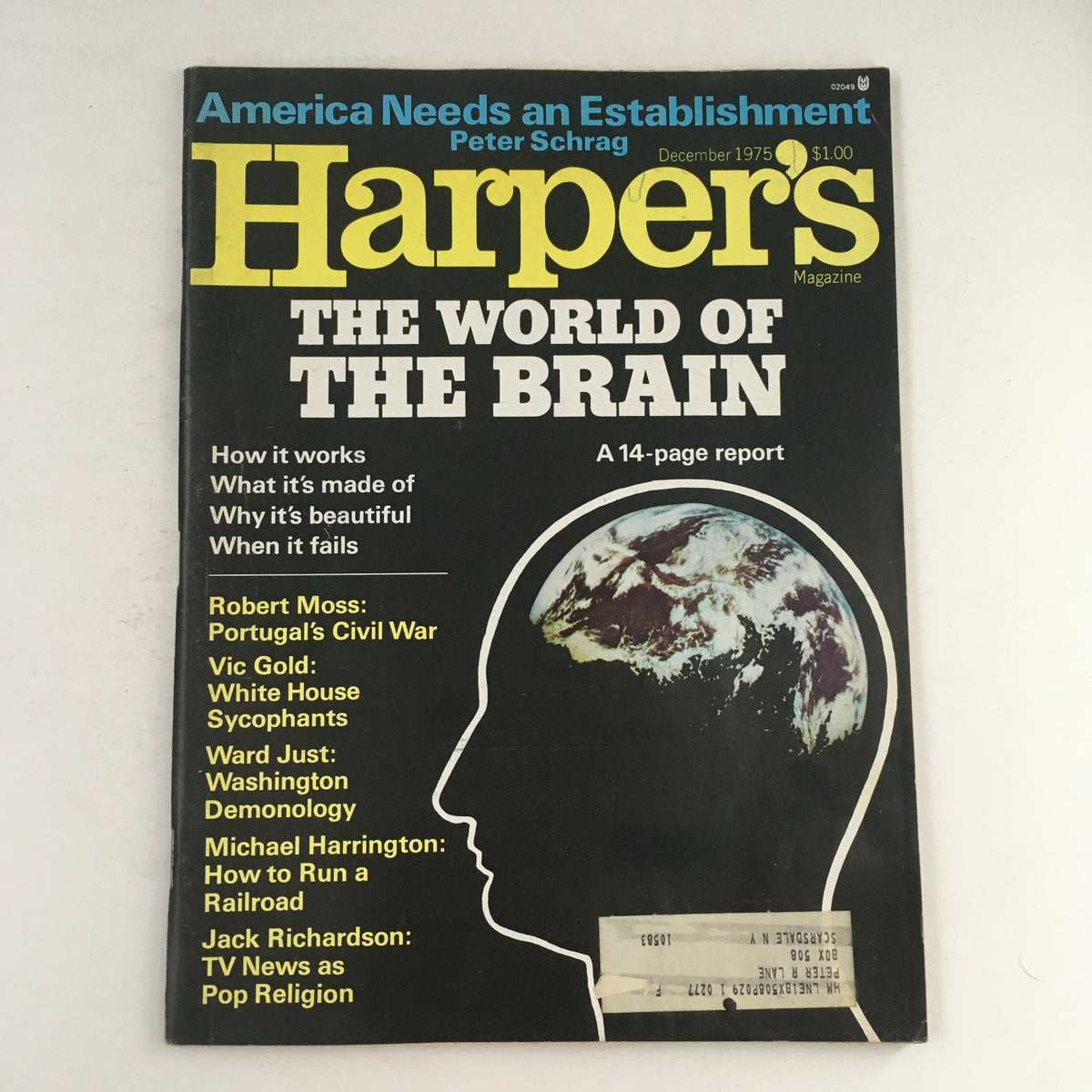 Cover of Harper's Magazine December 1975 featuring the title 'The World of the Brain.' Key topics include neuroscience, features by Robert Moss on Portugal's Civil War, and other notable articles.