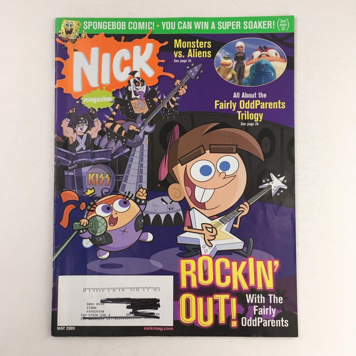 Cover of Nick Magazine May 2009 featuring a Rockin' Out theme with characters from Fairly OddParents and a Monsters vs. Aliens promotion.