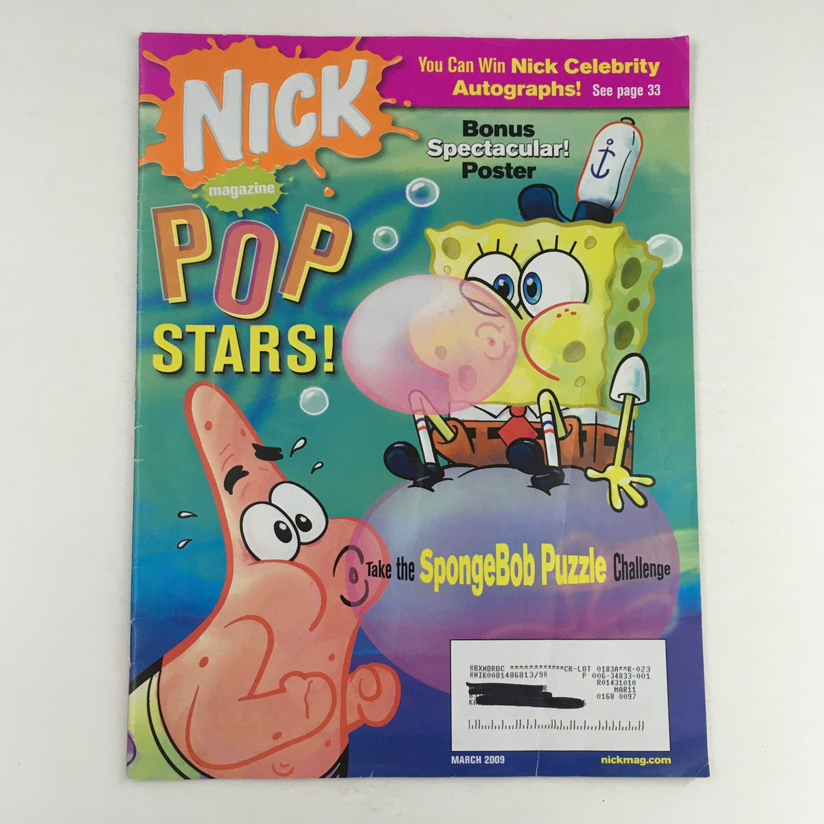 Cover of Nick Magazine from March 2009 featuring SpongeBob SquarePants and Patrick Star, showcasing the SpongeBob Puzzle Challenge. The vibrant colorful illustration highlights the playful spirit of these beloved characters.