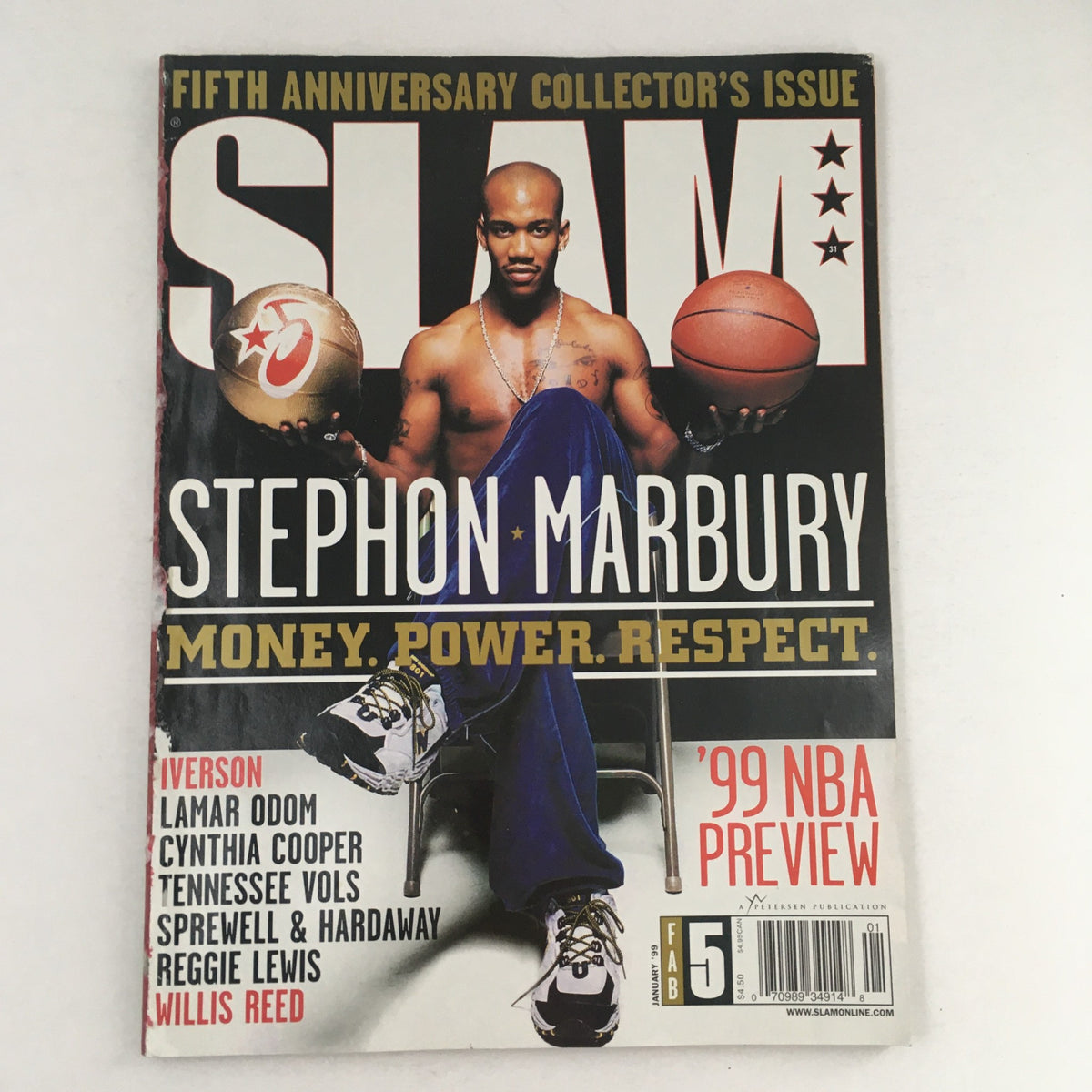 Cover of Slam Magazine January 1999 featuring Stephon Marbury, showcasing the words 'Money. Power. Respect.' and highlighting players like Allen Iverson. This vintage issue is a collectible piece of basketball history.