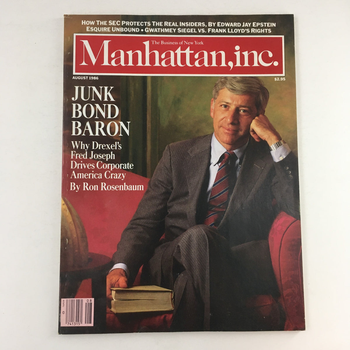 Cover of Manhattan Inc. Magazine, August 1986, featuring the title 'Junk Bond Baron' and an article about Fred Joseph. The magazine highlights the rivalry between Gwathmey Siegel and Frank Lloyd Wright.