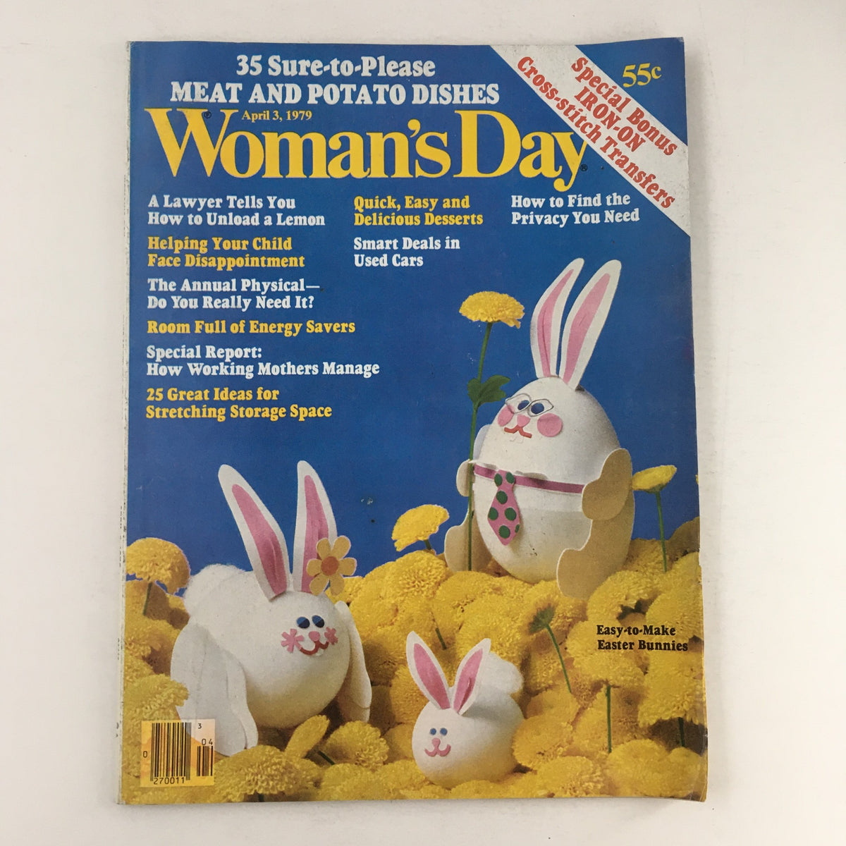 Cover of Woman's Day Magazine from April 3, 1979, featuring East-to-Make Easter Bunnies. Includes highlights on recipes, home tips, and a special bonus of iron-on cross-stitch transfers.
