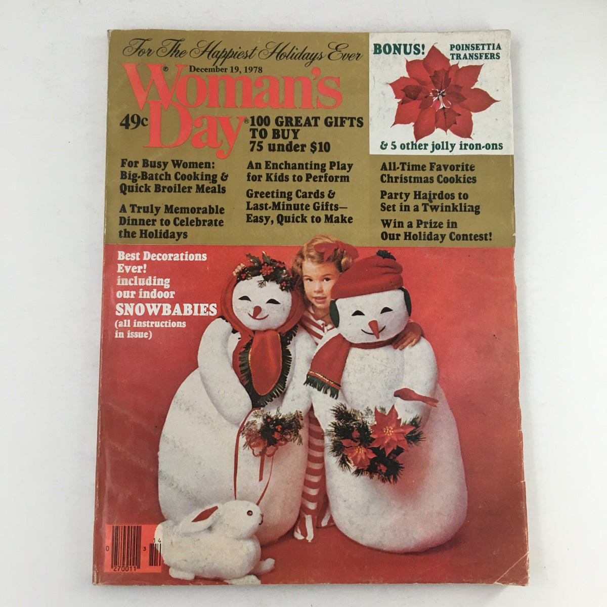 Cover of Woman's Day Magazine December 19, 1978 featuring Indoor Snowbabies Decoration, showcasing a girl with snowmen, festive decorations, and holiday theme.