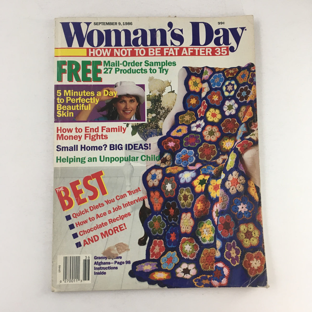Cover of Woman's Day Magazine dated September 9, 1986, featuring the headline 'How to End Family Money Fights' alongside tips on beauty, home ideas, and recipes, with a colorful crochet pattern in the background.
