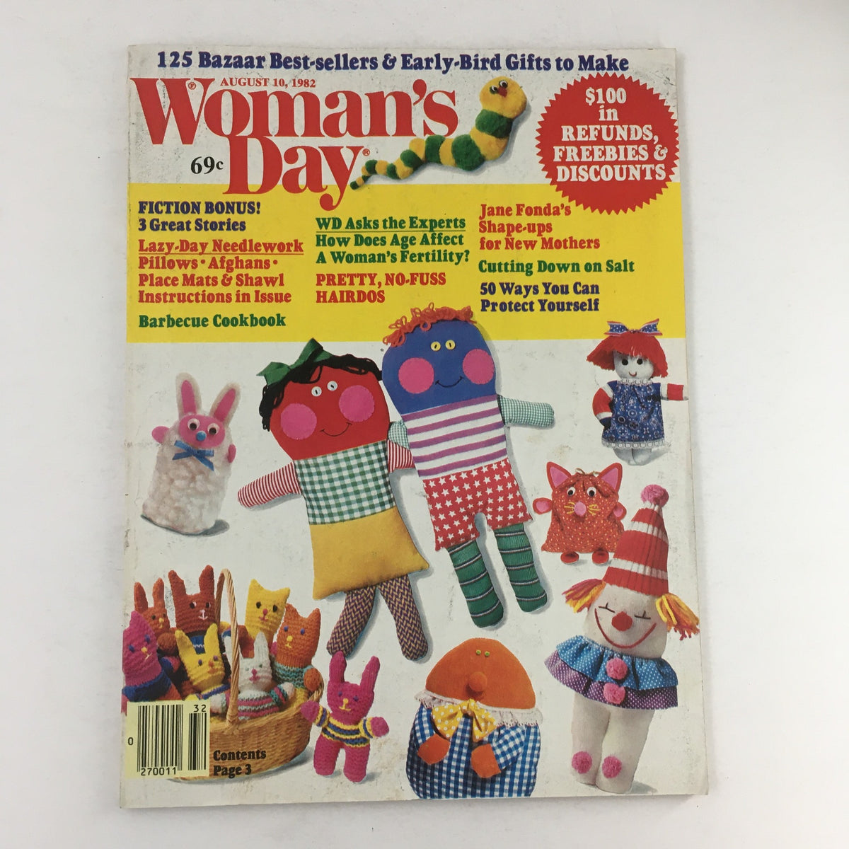 Cover of Woman's Day Magazine from August 10, 1982, featuring Jane Fonda's Shape-Ups for Mothers, showcasing colorful craft items and articles around health, fitness, and family care.