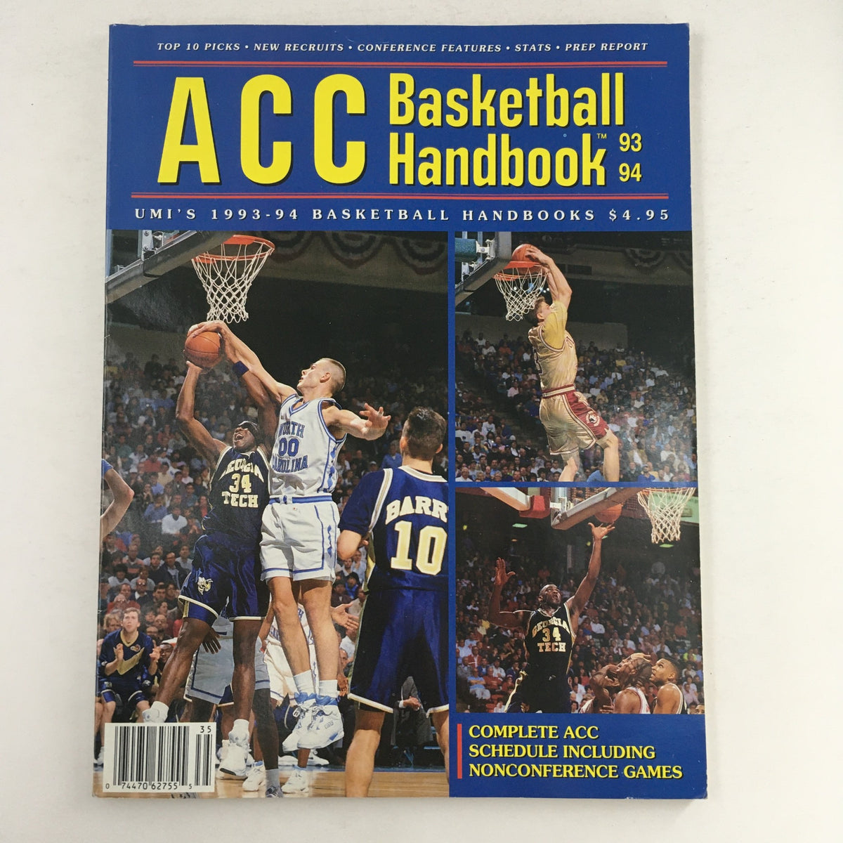 Cover of the ACC Basketball Handbook 1993-1994 featuring action shots from basketball games, showcasing players in jerseys related to the ACC teams. The handbook includes a complete schedule of ACC games and is in very good condition.