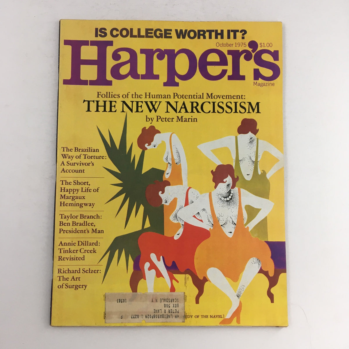 Cover of Harper's Magazine October 1975 featuring the article 'The New Narcissism' by Peter Marin. The vibrant design includes illustrations of women in colorful outfits and reflects the cultural themes of the 1970s.