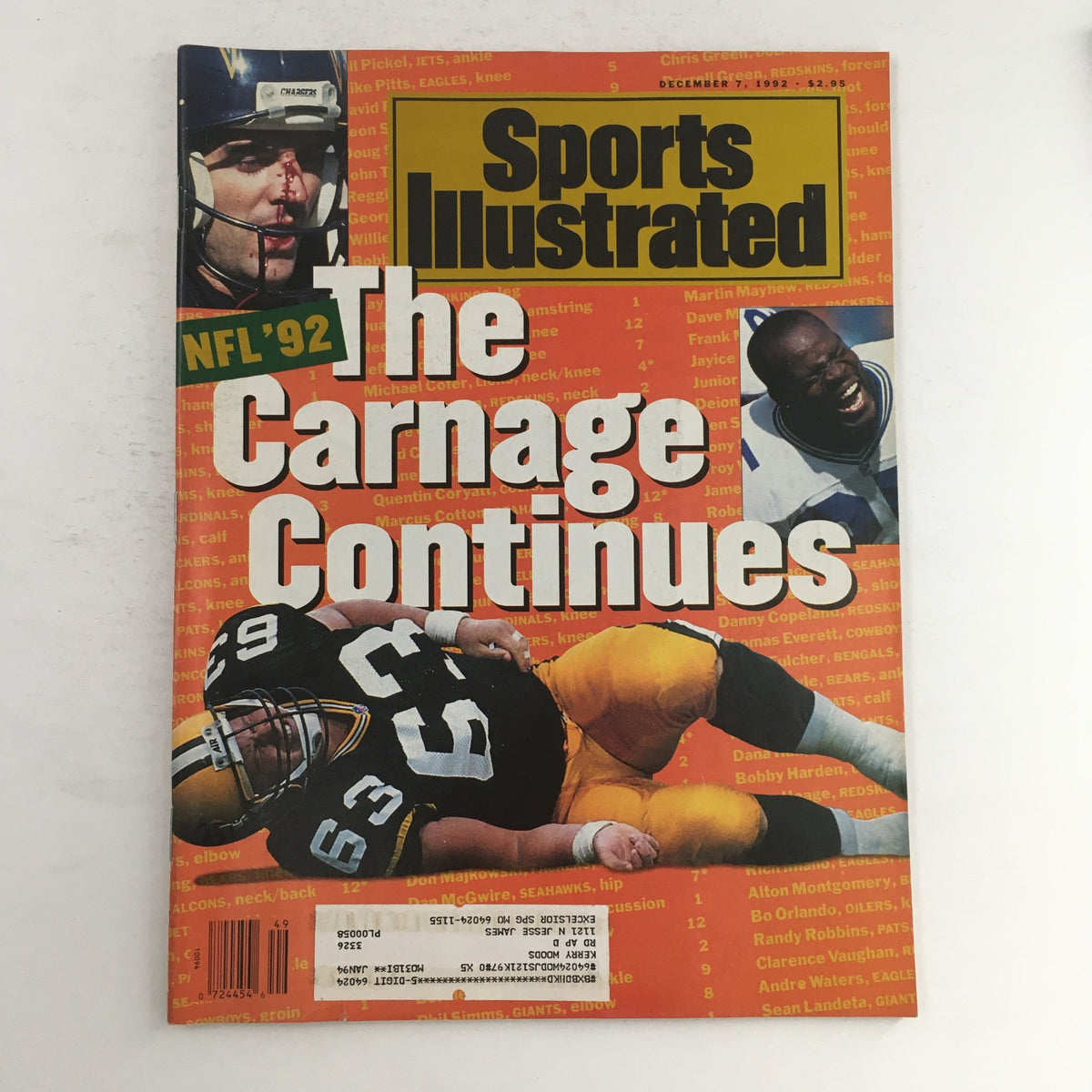 Cover of Sports Illustrated Magazine December 7 1992 featuring the headline 'The Carnage Continues for NFL 1992', showcasing NFL players and action highlights.
