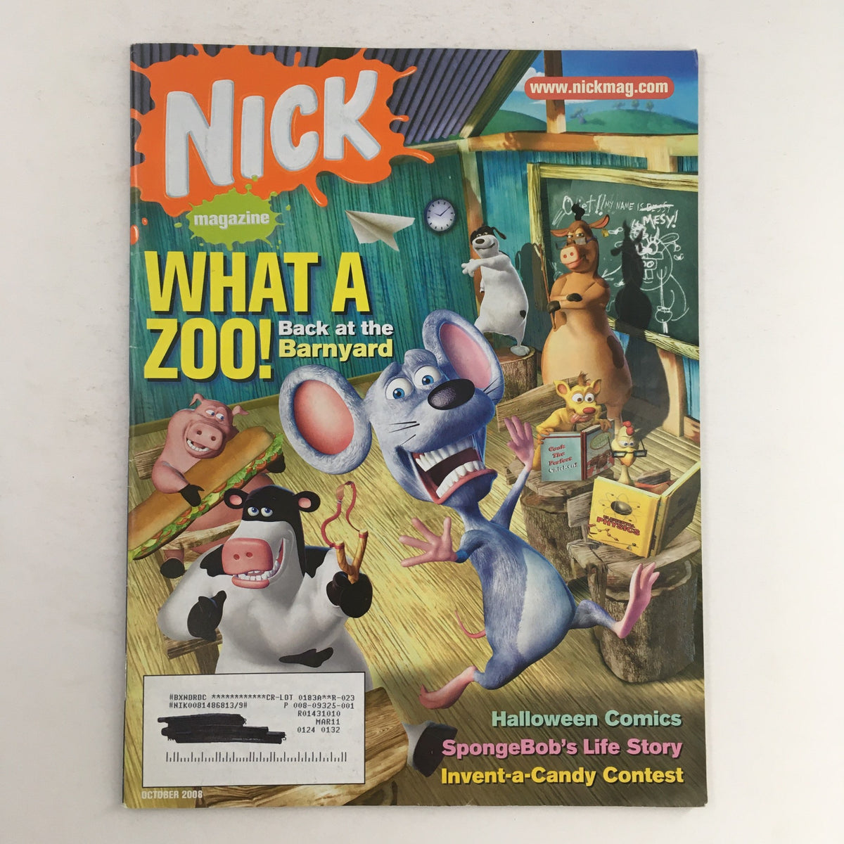 Cover of Nick Magazine October 2008 featuring the theme 'What A Zoo! Back at the Barnyard' along with Halloween comics and a SpongeBob's Life Story, showcasing vibrant characters and illustrations.