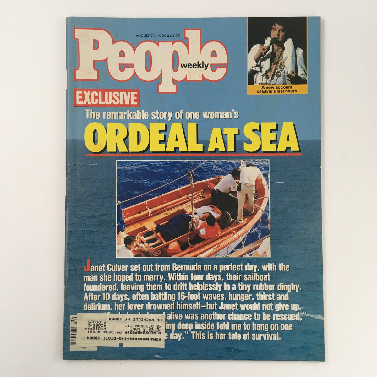 Cover of People Weekly Magazine, August 21, 1989, featuring the headline 'The remarkable story of one woman's ORDEAL AT SEA' alongside an image related to the article, with a mention of Elvis Presley.