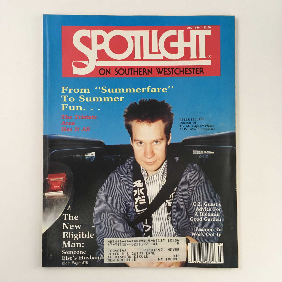 Cover of Spotlight Magazine on Southern Westchester from July 1988 featuring Director Peter Selars, highlighting summer fun in the Tristate area. The magazine cover includes vibrant colors and mentions local events and cultural highlights.