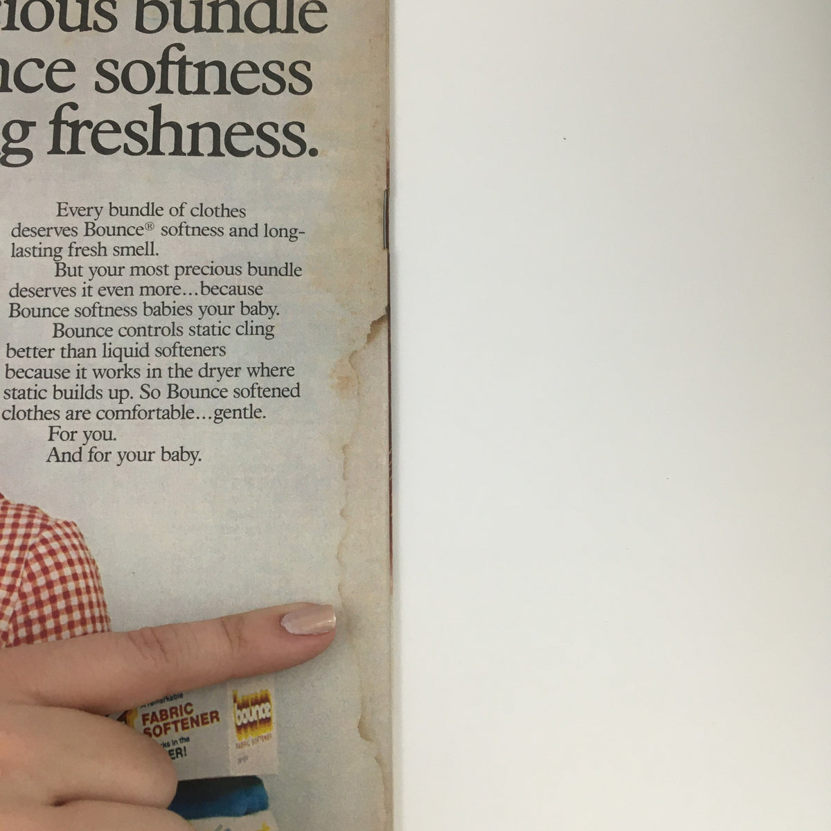 Page highlighting Bounce fabric softener ad in American Baby Magazine February 1981 - A Special Nutrition Issue, showcasing parenting and baby care tips.