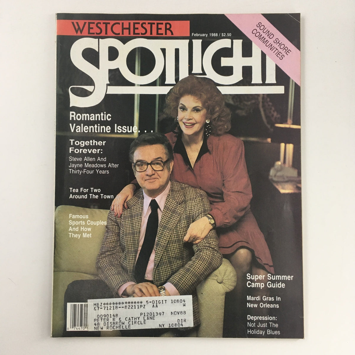 Spotlight Magazine February 1988 featuring Steve Allen and Jayne Meadows on the cover, celebrating their 34-year partnership. The magazine includes nostalgic elements from the late 1980s, making it a collectible piece of television history.