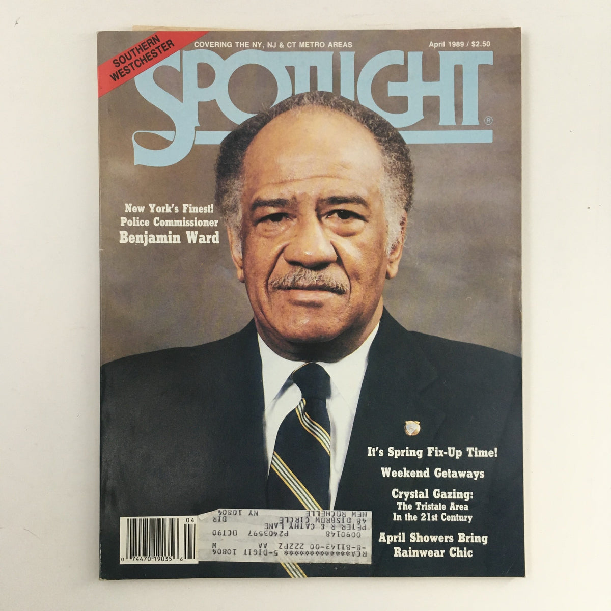 Cover of Spotlight Magazine, April 1989, featuring NY Police Commissioner Benjamin Ward. The magazine showcases a portrait of Ward, highlighting his role and influence in urban law enforcement during the late 1980s.