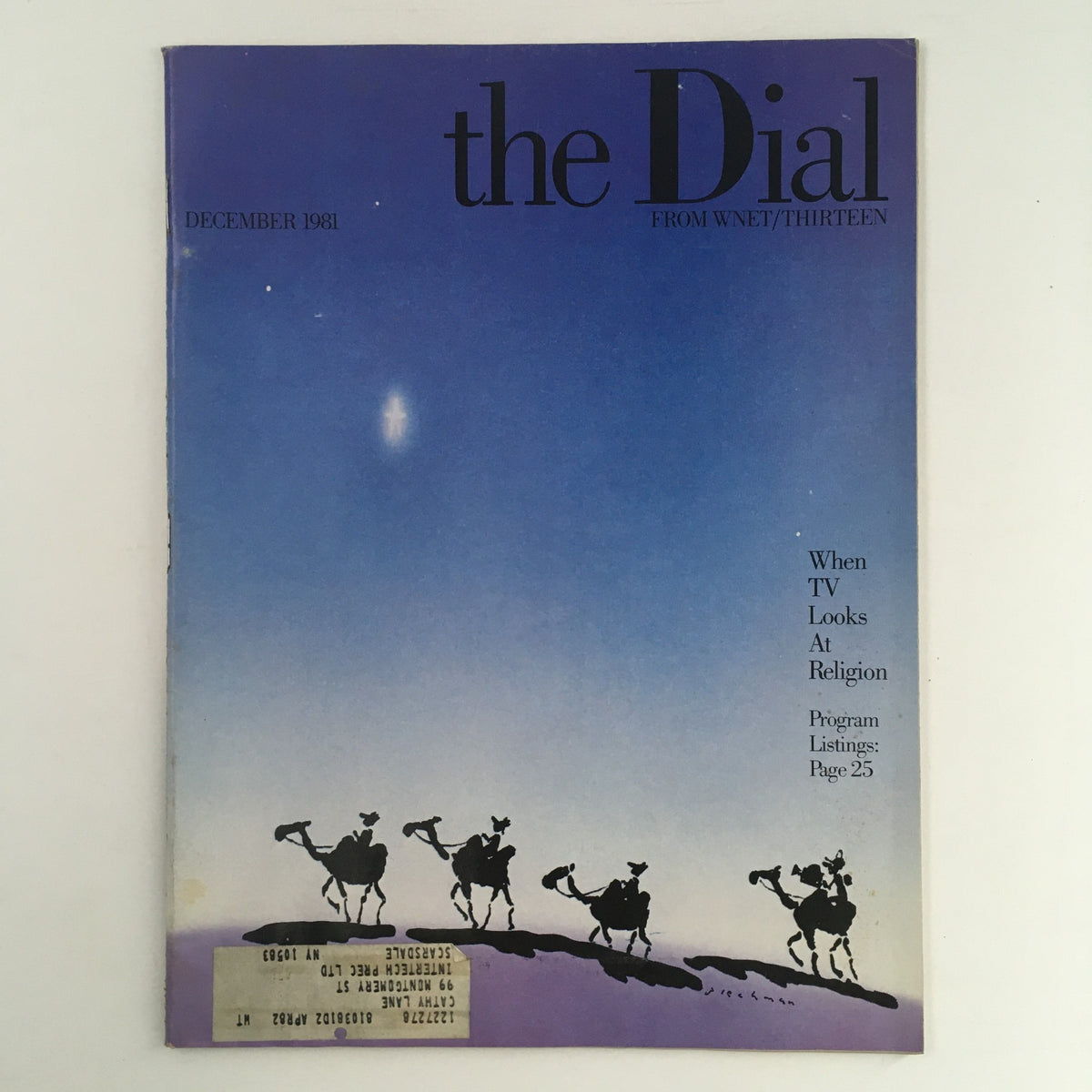 Cover of The Dial Magazine December 1981 featuring the title "When TV Looks At Religion", showcasing a silhouette of camels against a gradient blue background. This vintage magazine explores the relationship between television and religion.