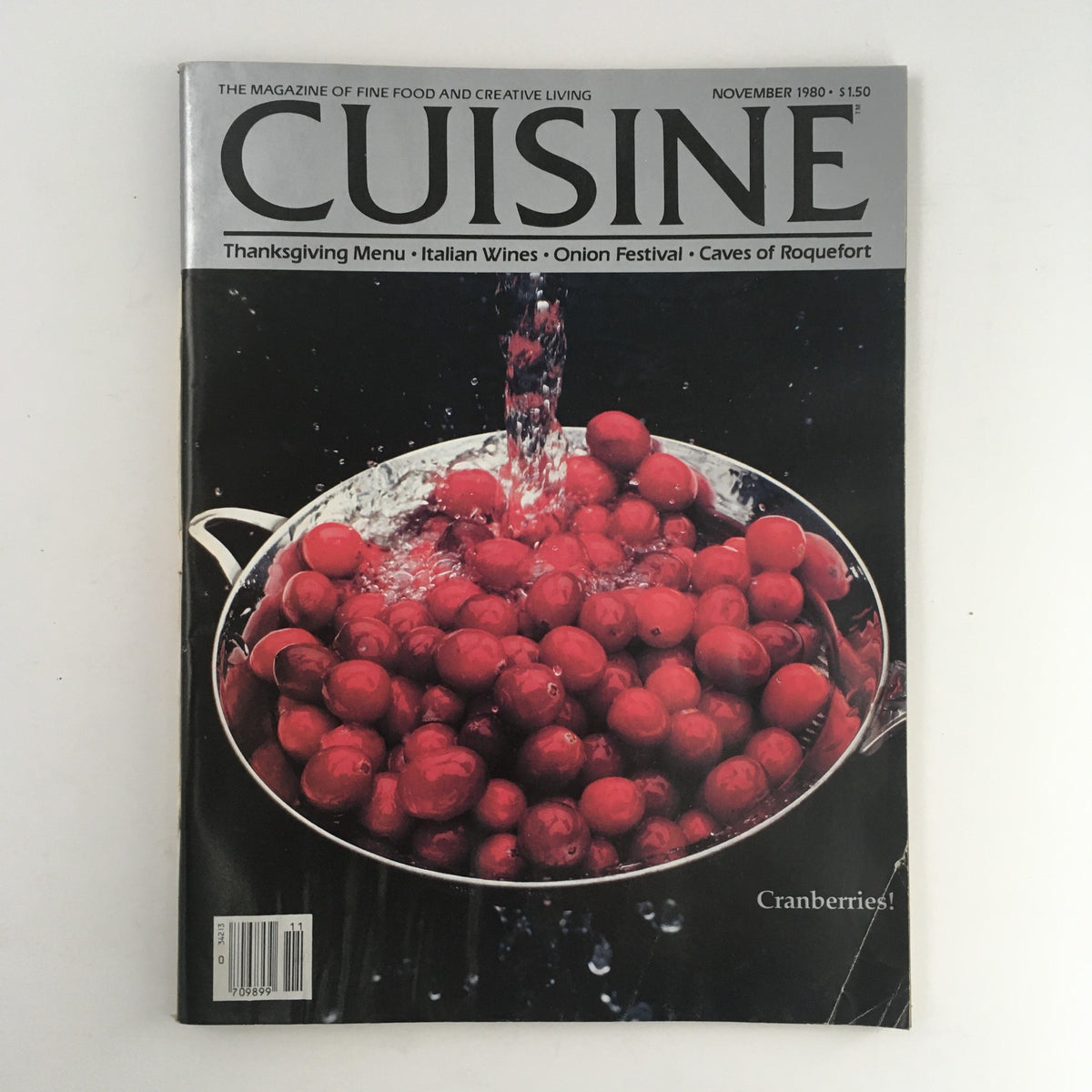 Cuisine Magazine November 1980 cover featuring fresh cranberries in a colander, highlighting Thanksgiving menu, collectible vintage magazine.