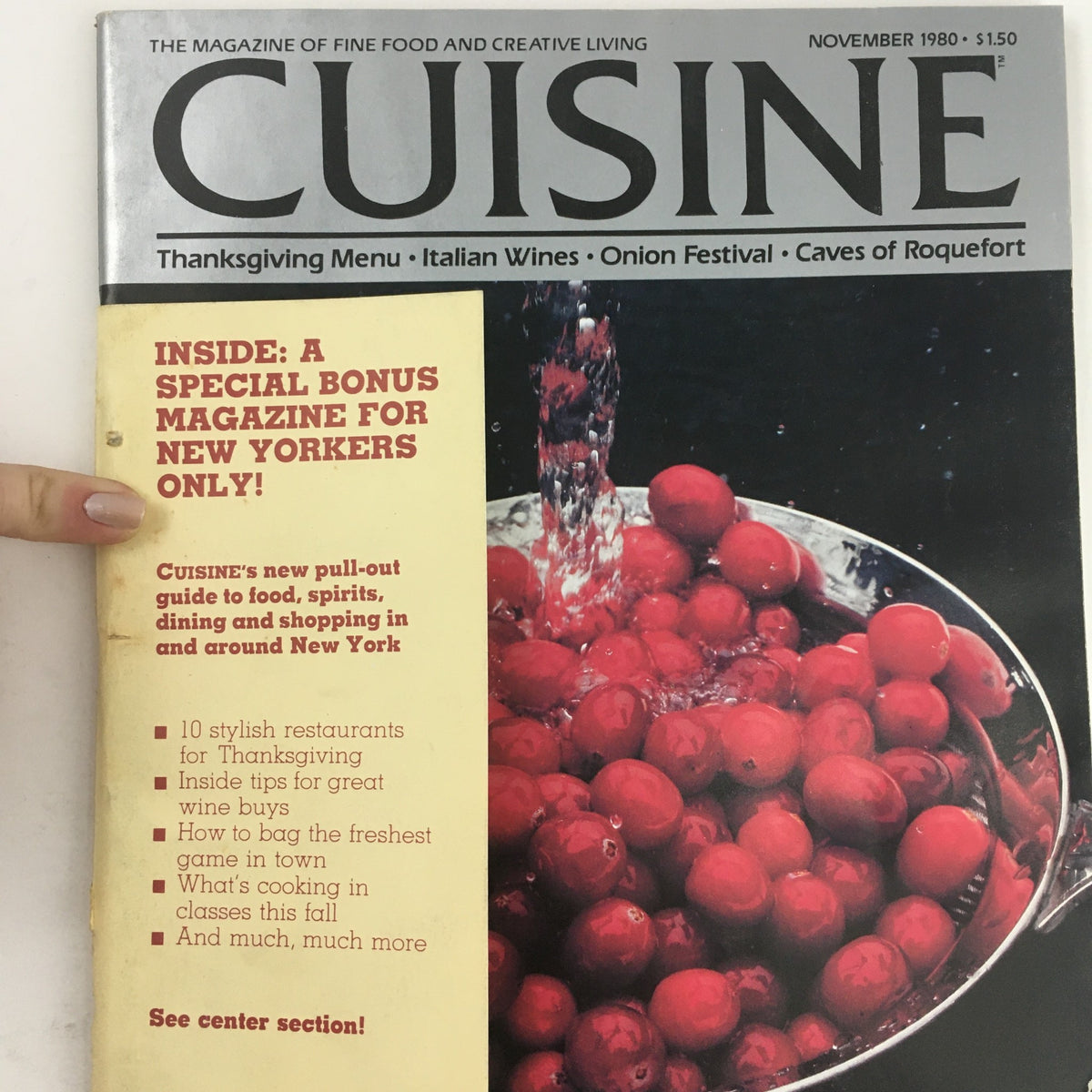 Close-up of Cuisine Magazine November 1980 cover with a special bonus section for New Yorkers, featuring cranberries for Thanksgiving, vintage culinary magazine.